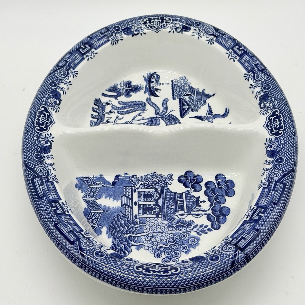Vtg Churchill of England Blue Willow Divided Oval Vegetable Serving Dish Bowl